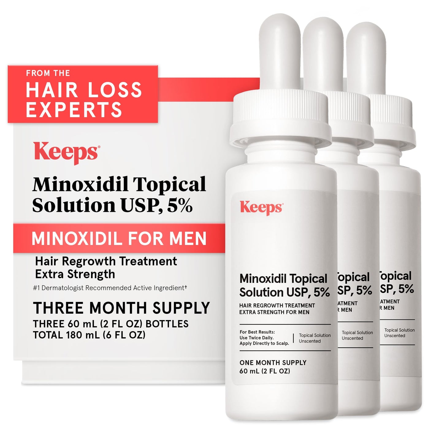 Keeps Minoxidil Solution 5% for Men - Extra Strength Topical Hair Regrowth Treatment - Non-Greasy Scalp Solution - Clinically Proven to Increase Hair Growth - 3 Month Supply (3 x 2 fl oz Bottles)