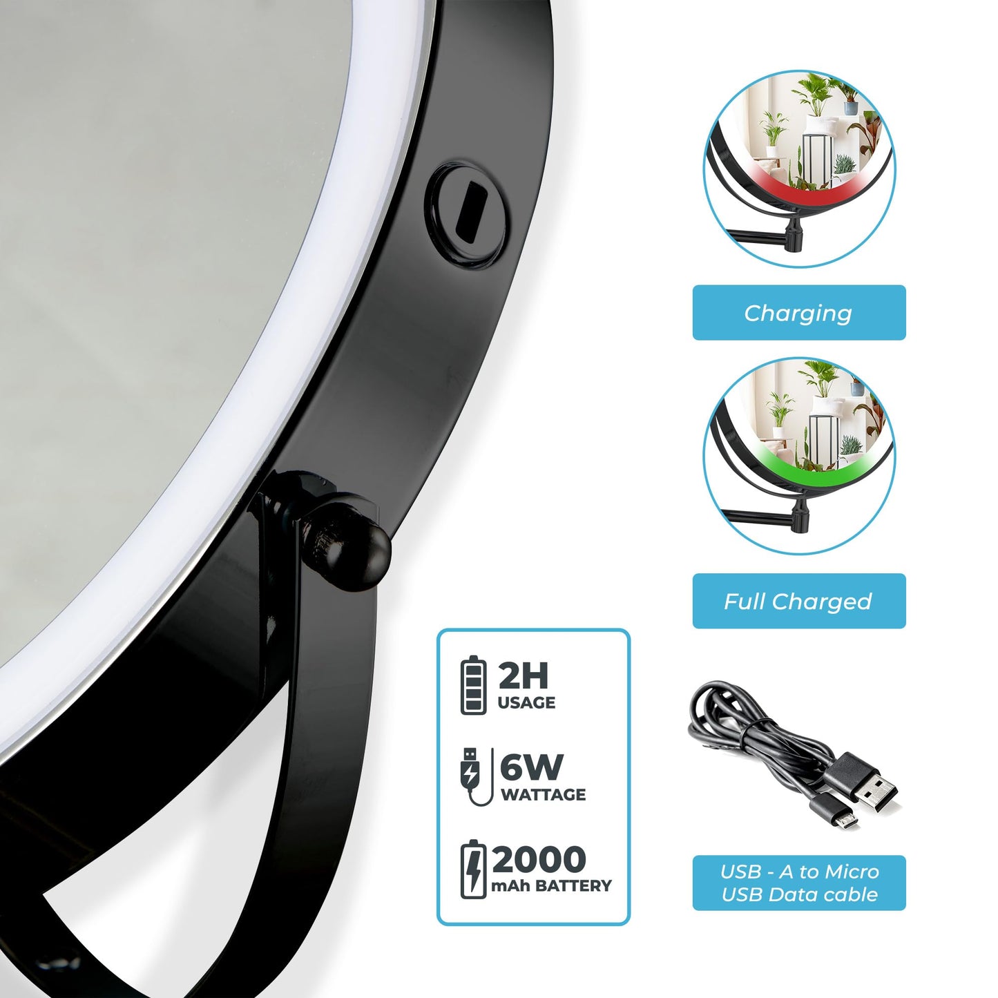 Fab Glass and Mirror 1X/10X Wall Mounted Makeup Mirror with Light, 8" Rechargeable 2000mAh Lighted Vanity, Double-Sided Magnifying Bathroom Touch Dimmable 3 Color LED 360 Rotation Foldable Arm Black