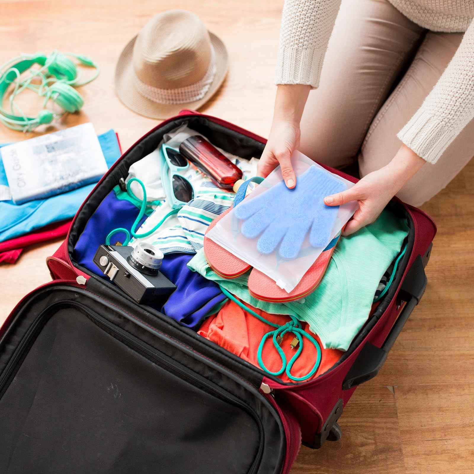 LemonRoad 48 Pcs Exfoliating Bath Gloves Individually Wrapped Bath Sponges Body Scrub Exfoliating Gloves with Case Body Scrubber for Dead Skin Remover Loofah Washcloth Mitt Men Women