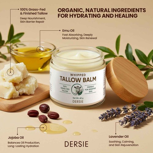 Dersie Whipped Tallow Cream: 100% Grass-Fed Beef Tallow Cream for Deep Hydration, Skin Barrier Repair, Soothing - Tallow Moisturizer for Face & Body for Women, Men & Kids (2.1 oz)