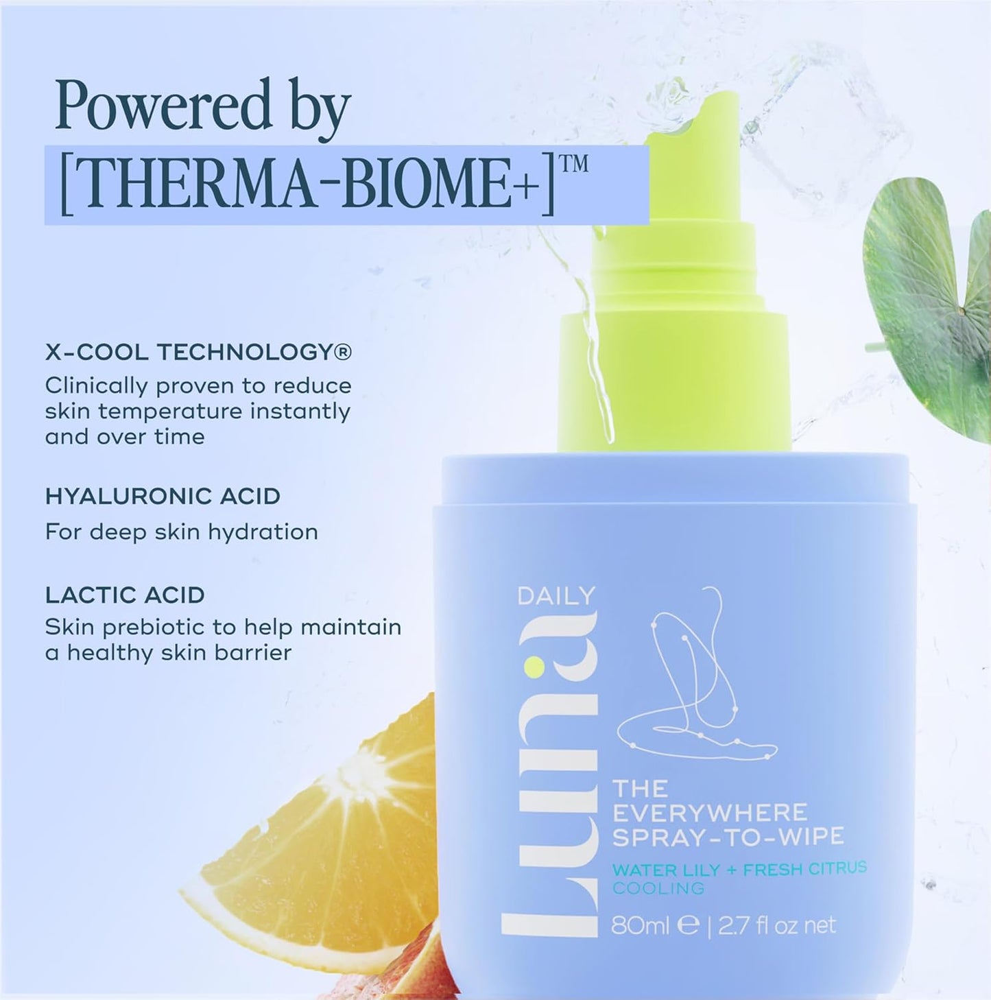 Luna Daily Everywhere Spray-To-Wipe | Hydrating Cooling Body Mist for Feminine Care | Water Lily & Citrus | 80ml