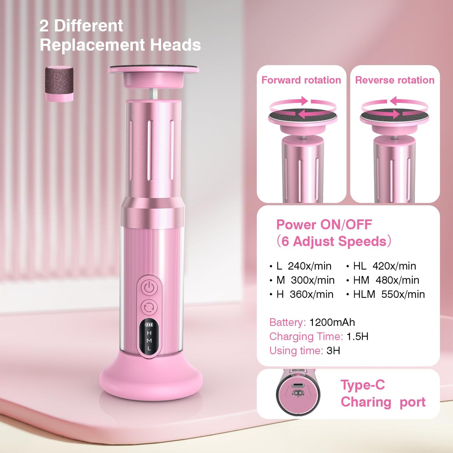 ANI·DIO Electric Foot Callus Remover,2 in 1 Cordless Rechargeable Foot File & Nail Sander,6 Adjustable Speeds,40 Sanding Bands, 1200mAh Battery,Ergonomic 5.9" Handle,Travel Essentials (Pink, M)
