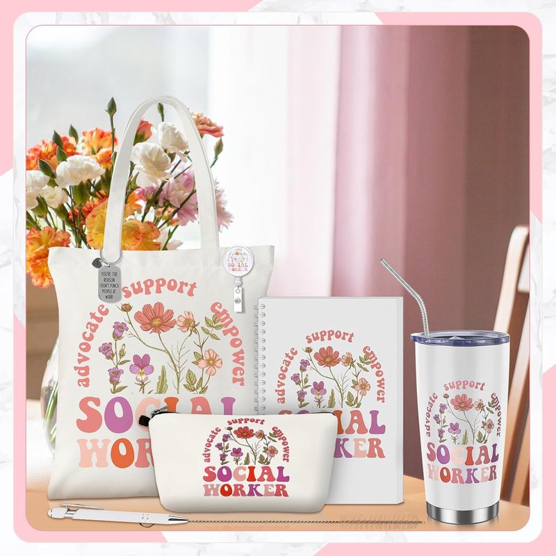 Social Worker Gift Set - 7 Pcs Canvas Bag, Thermos Cup & More | Perfect for Volunteers
