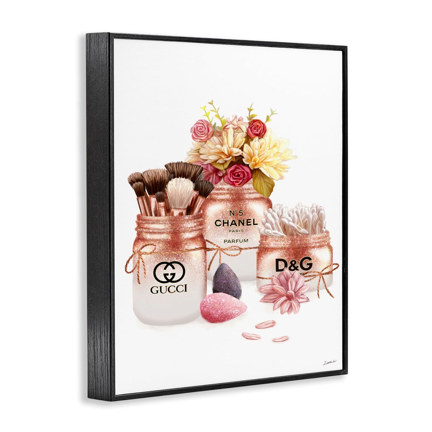 Stupell Industries 'Fashion Cosmetic Jars and Floral Bouquet', Framed Giclee Art, Black, 16 x 20 Inches, Easy to Hang and Sturdy, Made in USA, by Ziwei Li
