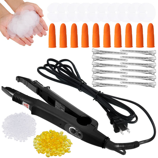 Lanties Hair Extensions Iron Fusion Keratin Hair Extensions Heat Tool Heat Connector Wand with Fusion Glue Protector Template Hair Clip Finger Protector 2 Bag Keratin Glue Granule Bead(Black)