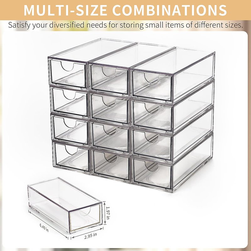 WUHUME Desk Organizer with Drawers, Stackable Plastic Storage Drawers for Makeup or Desk Organization, Cabinets for Office Dressing Countertop Bathroom Bedroom (12 Packs)