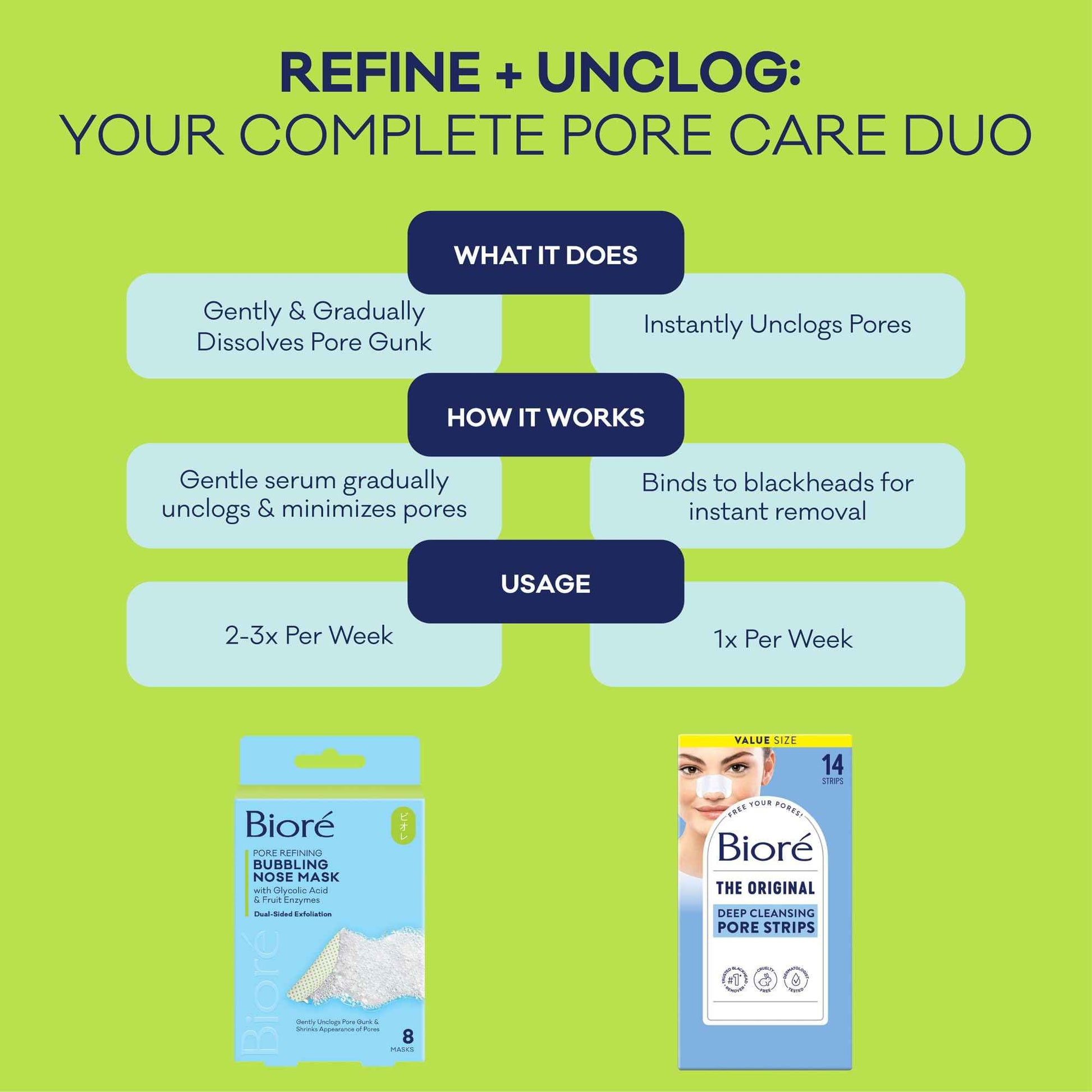 Bioré Pore Refining Bubbling Nose Mask, Glycolic Acid and Hyaluronic Acid Exfoliant for Face, Pore Cleansing Mask, 8 Ct