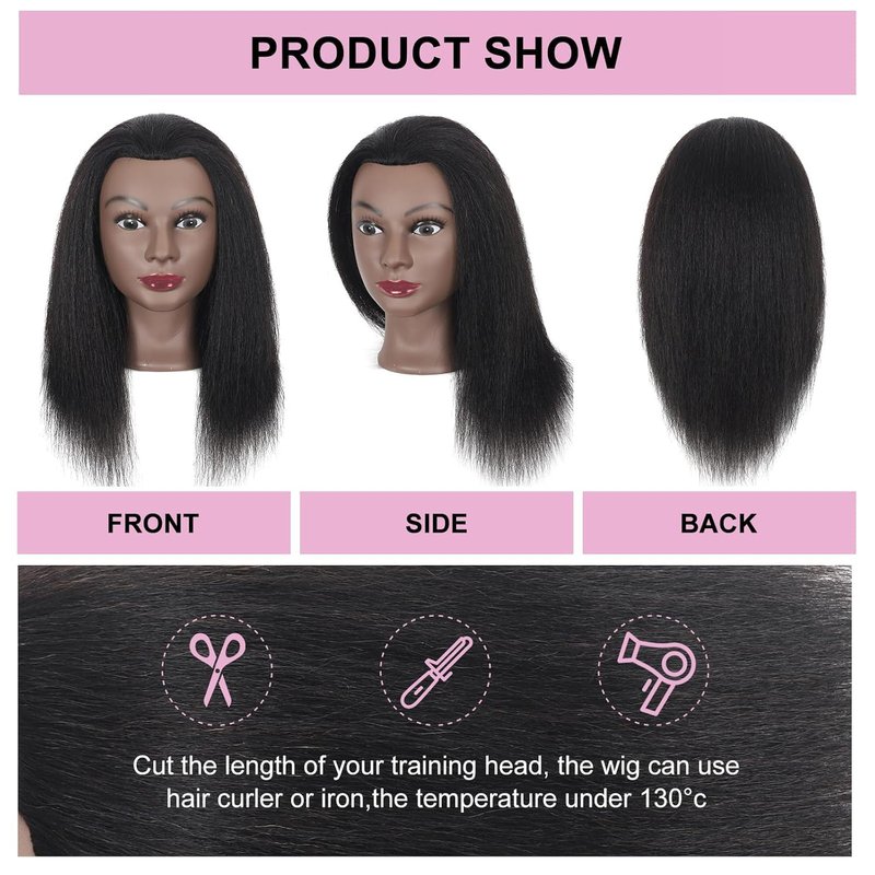 Lamcestyr Mannequin Head with Long Black Hair, Clamp Stand and DIY Hair Styling Set for Braiding Hair Styling (2#, 16 inches)