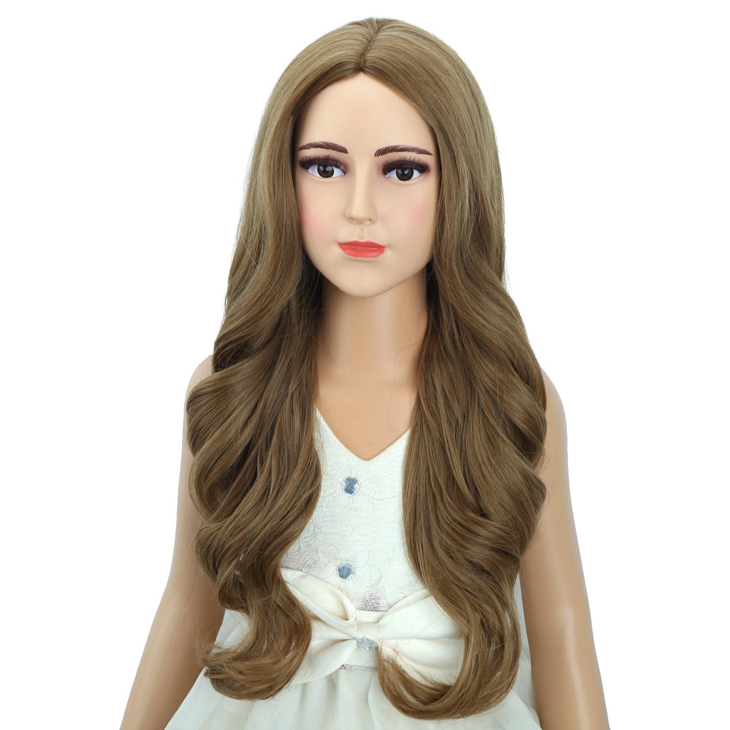 Edivd Ginger Wig for Kids Children Long Light Brown Wavy Curly Wig Girls Long Ginger Middle Part Wigs Heat Resistant Synthetic Wigs with Cap