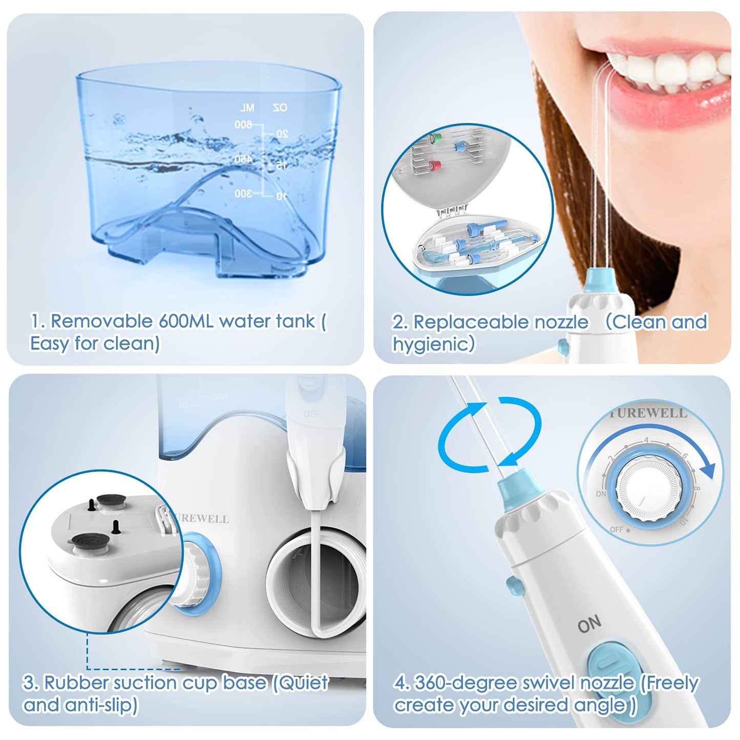 TUREWELL FC162 Water Dental Flosser for Teeth/Braces,10 Pressure Levels, 8 Water Jet Tips for Family, 600ML Electric Water Dental Oral Irrigator for Teeth-Clean (White)