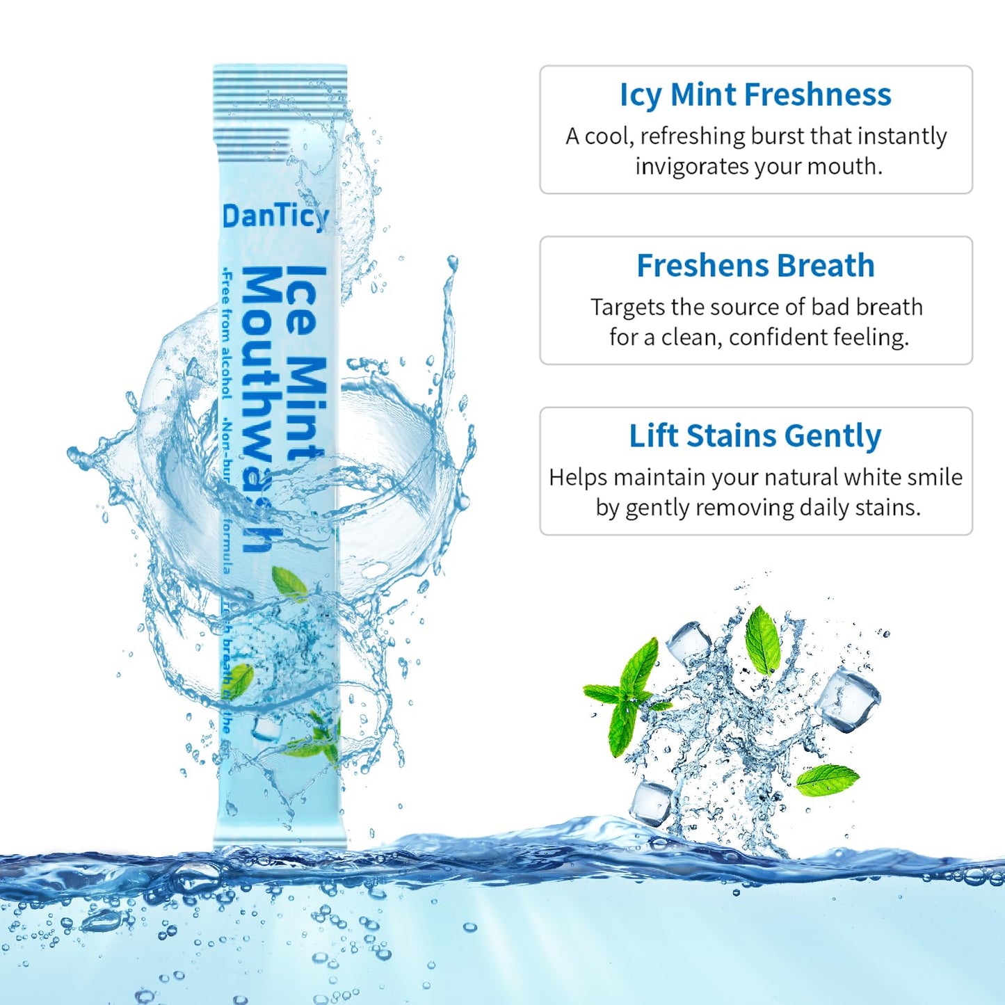 Mouthwash Travel Size, Alcohol-Free Mouthwash, Portable, Fresh Breath, Mini Packets, Ice Mint, 30 Individual Disposable Packets