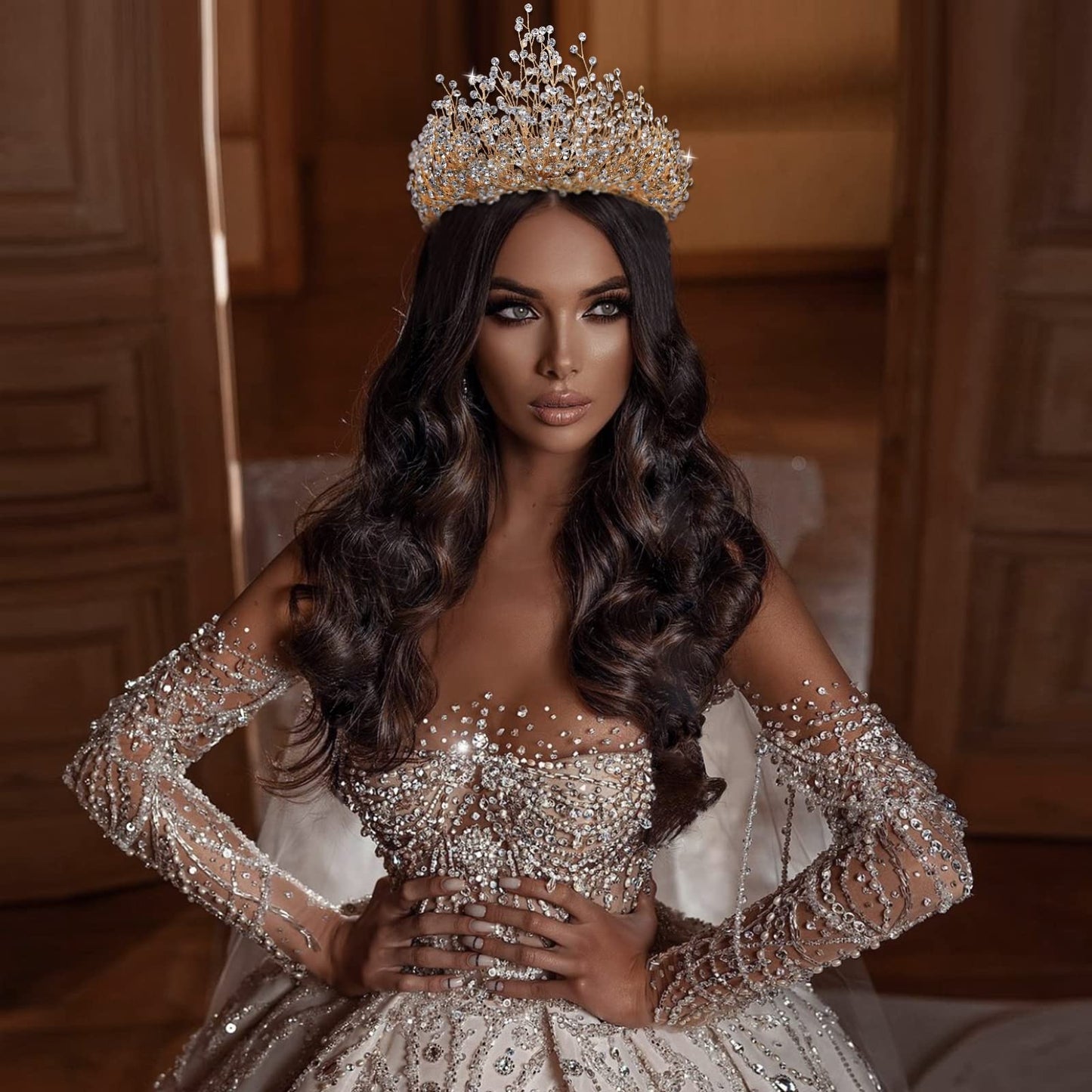 TRiXY Bridal Wedding Headband Crystal Tiara Crown，Queen Tiaras and Crowns，Wedding Bride Crowns For Birthday Party Wedding Pageant Hair Accessories (Golden/ Single crown), (HP193)