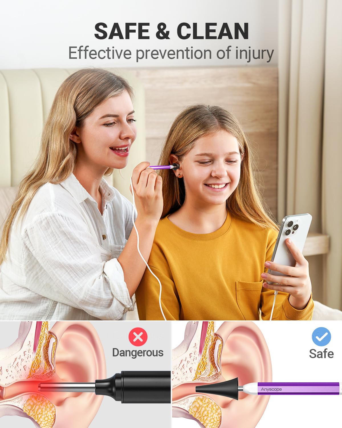 AnyScope HD Digital Otoscope, Video Ear Scope Otoscope with Light, Ultra Clear View Ear Camera with Ear Wax Removal Tools, Compatible with iPhone and Android Devices (Purple) ﻿