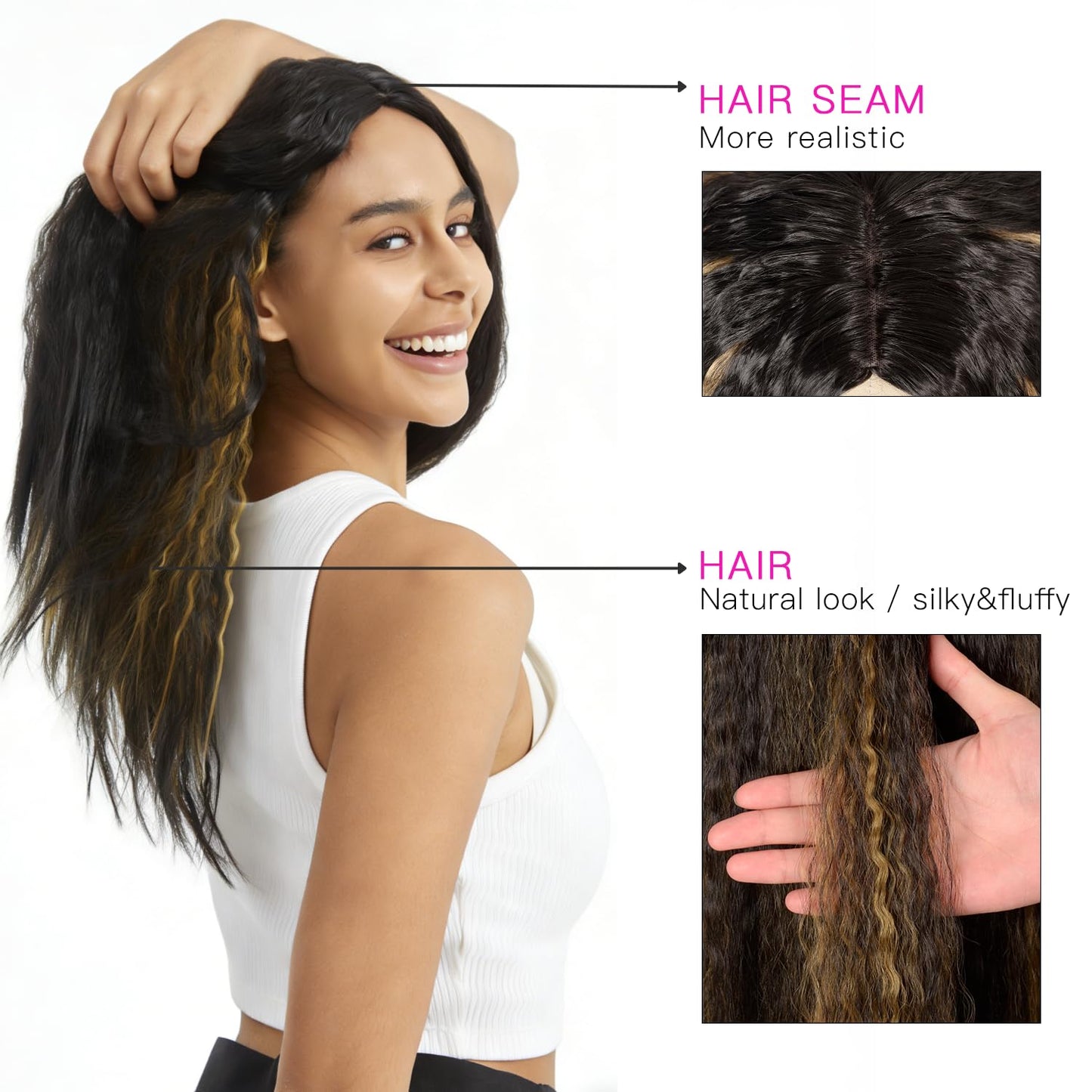BrittyHair Yaki Straight Corn Silk Wig 18 Inch Yaki Crimped Waves Synthetic Yaki Wigs for Black Women Wear And Go Glueless Wig (#1B Natural Black, 18 Inch)