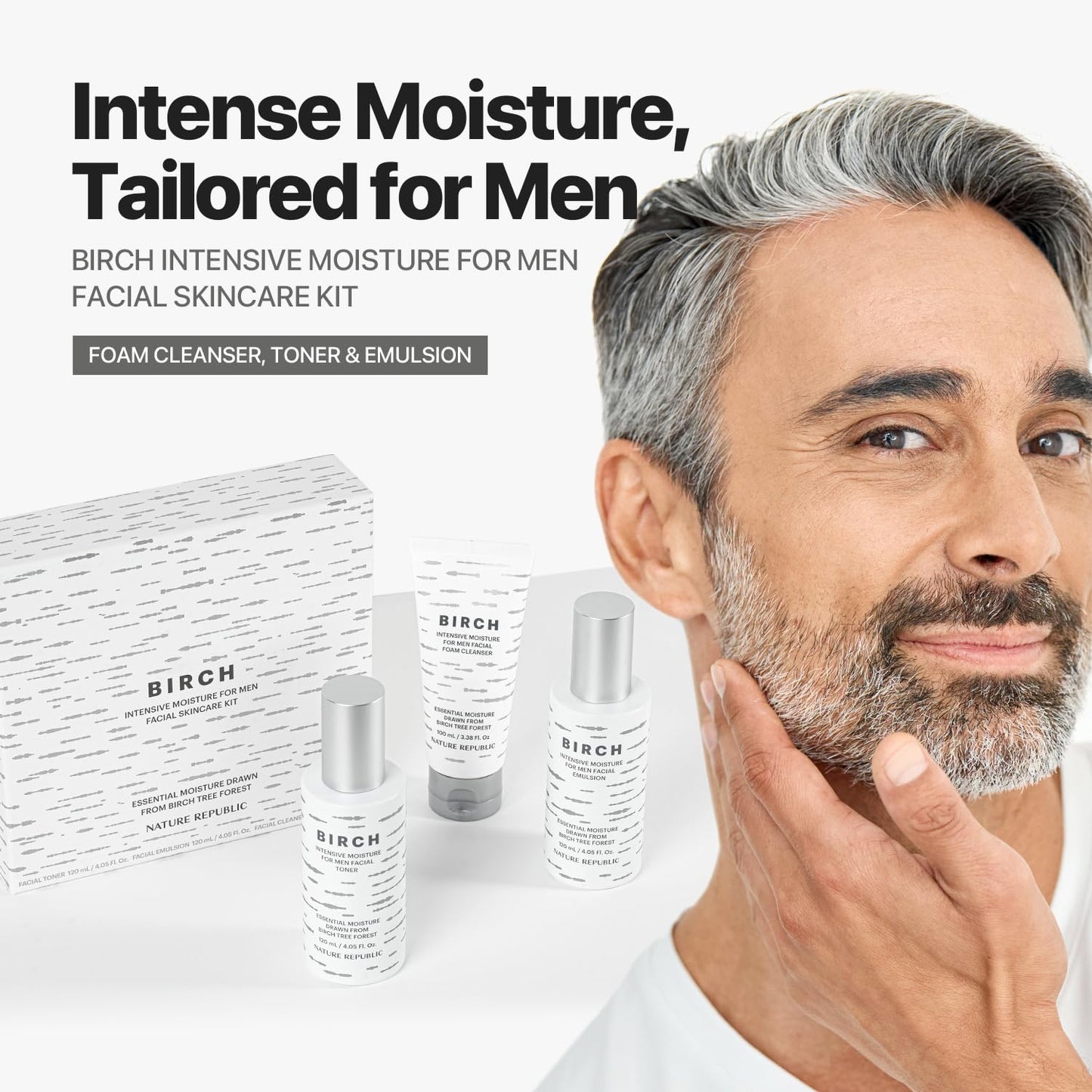 Nature Republic Birch Intensive for Men Skin Care Kit, Face Wash & Moisturizer for Hydrated Skin, Facial Toner (4.05 Fl.Oz) Emulsion (4.05 Fl.Oz) Cleaner (3.38 Fl.Oz), Korean Gift Sets