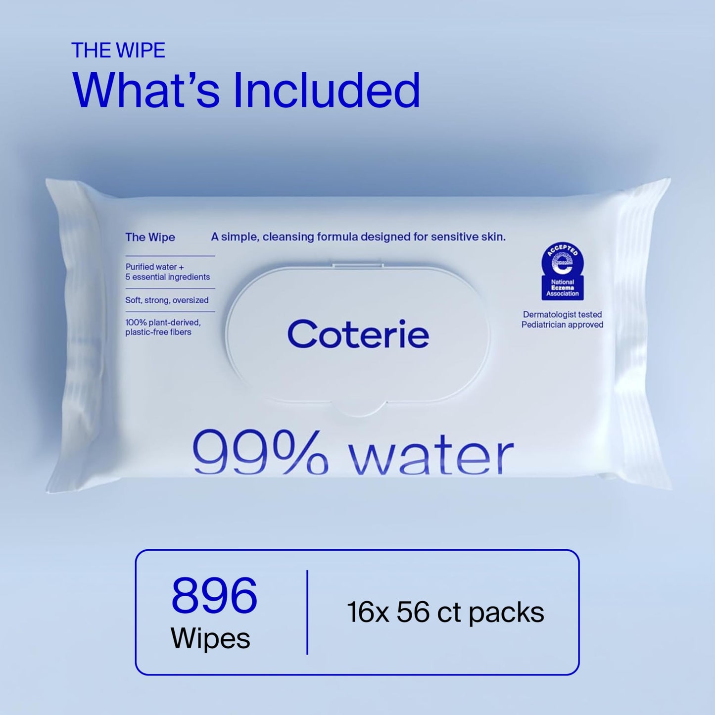 Coterie Baby Wipes for Sensitive Skin, Plant-Based and Plastic-Free Fibers, 99% Water, Hypoallergenic, pH Balanced, Unscented, Clean and Gentle Baby Essentials, 16 Pack, 896 Count