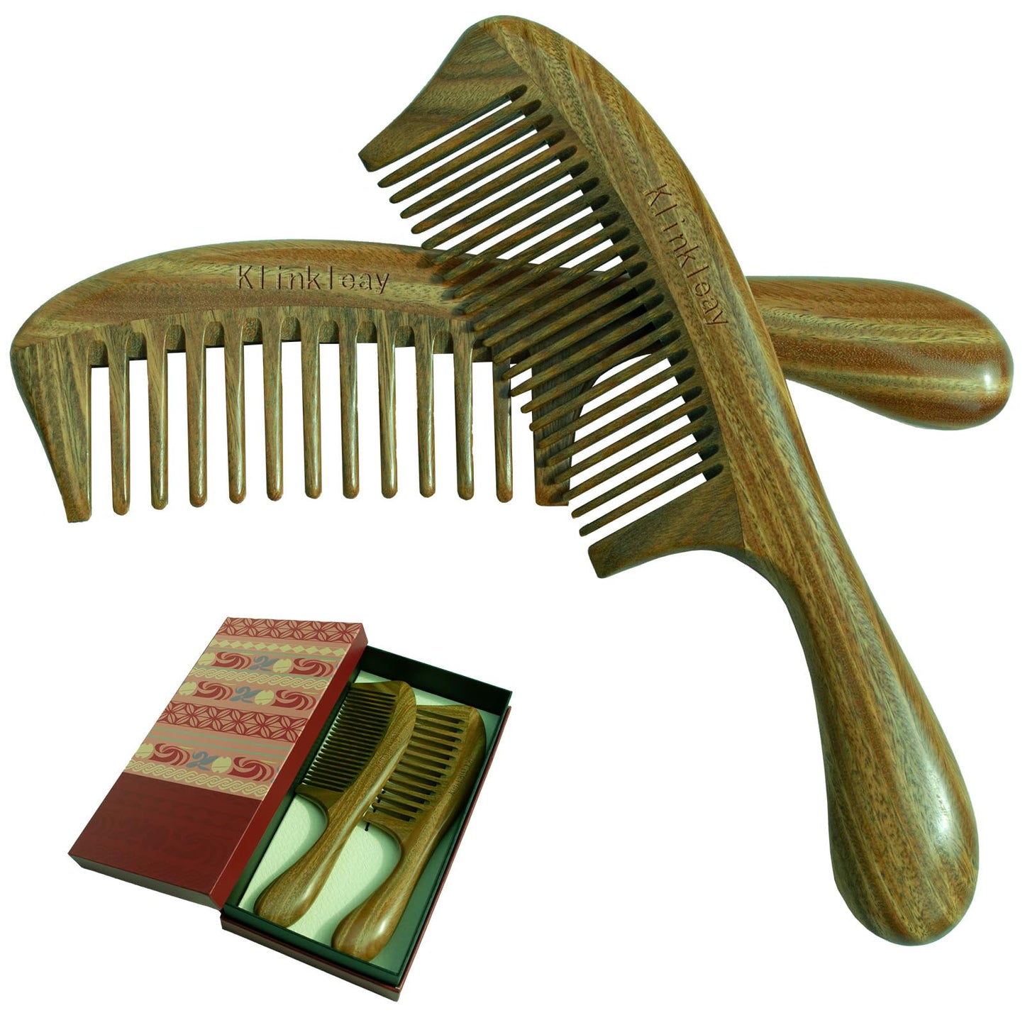 Klinkleay Sandalwood Hair Combs Set: Handmade Wooden Wide & Fine Tooth Comb for Women, Thick-Handle Anti-Static Detangling Comb for Curly/Straight Hair (Gift Box)