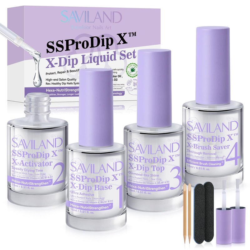 SAVILAND Dip Powder Liquid Set: 15 ml/0.5 Fl.oz Nail Dipping System Essentials for Beginners - HEMA-free Dip Base, Top, Activator, Brush Saver - Strengthen Nails DIY at Home, No Nail Lamp Needed