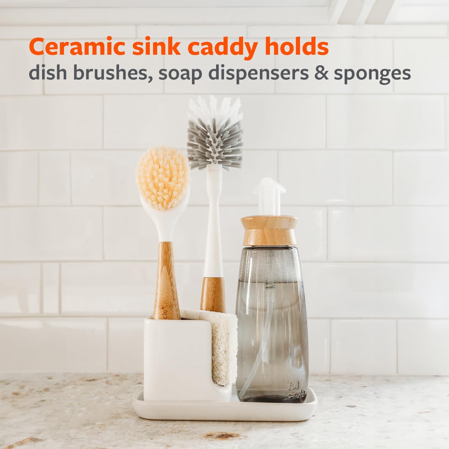 Full Circle Sinkside Ceramic Cleaning Station - Kitchen Sink Caddy & Sponge Holder, Countertop Organizer for Dish Brushes & Scrubbers - Dishwasher Safe, Rustproof, Compact Design, White