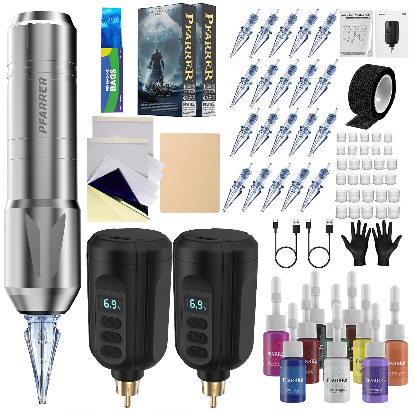 PFARRER Tattoo Gun Kit Wireless Tattoo Pen Machine with 2 Tattoo Batteries, 20 Tattoo Cartridge Needles,10 Tattoo Ink Color Set, Complete Tattoo Accessories EKP650-7