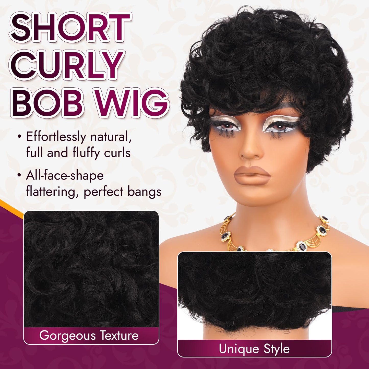 RUWISS Pixie Cut Wig Human Hair Curly Short Wigs for Black Women Glueless Pixie Human Hair Wig with Bangs for Daily Use Natural Short Bob Layered Wavy Human Hair Wigs for Black Women, Natural Black