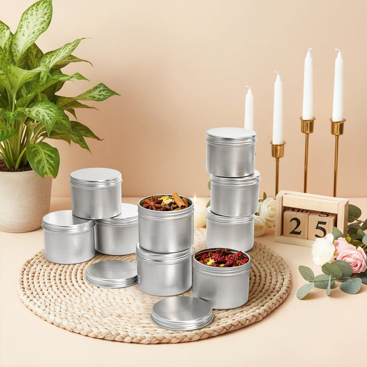 Foraineam 24 Pack 4 oz. Round Tin Cans Hair Wax Cream Lip Balm Cosmetic Sample Container Jars Candle Tea Spice Empty Travel Tins with Screw Lid