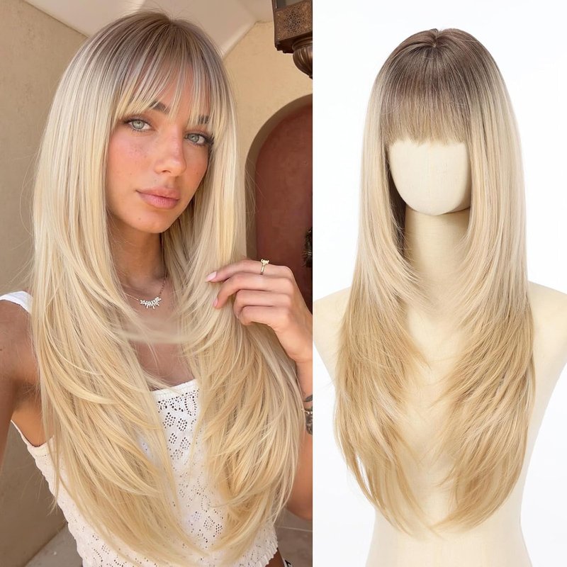 Realistic Scalp 4x4 Ombre Blonde Straight Wig - 26" Synthetic Heat Resistant Fiber with Bangs for Women