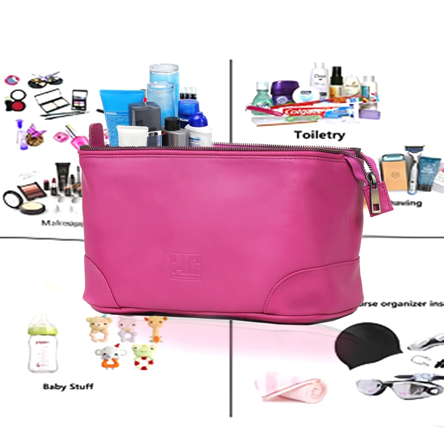 HLC Leather Toiletry Bag for Men Best Gift Premium Genuine Dopp Kit Shaving Kit Organizer Travel Kit Pouch Bag 10 inch Size (Pink)