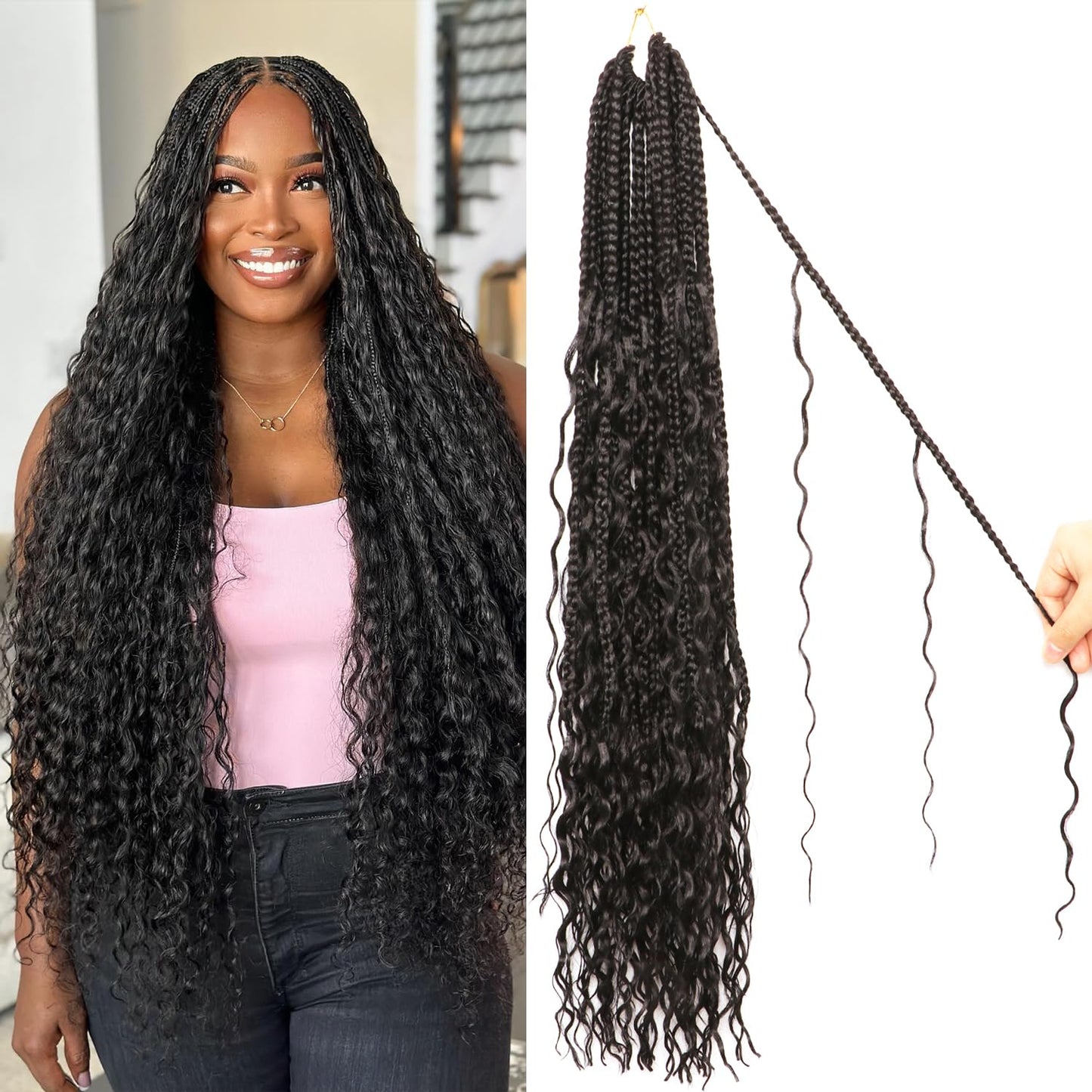 Box Braids Crochet Hair - 30 Inch Water Wave Boho Braids for Black Women | 9 Packs, 1B Color