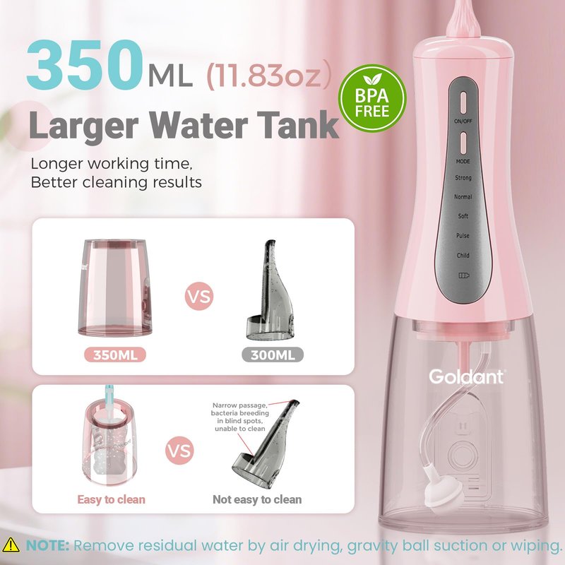 GOLDANT 2026 New 350ML Water Dental Flosser Teeth Pick with Bag, 5 Modes Portable Cordless Oral Irrigator Cleaner, Electric Rechargeable IPX7 Waterproof for Home Travel Teeth Cleaning Flossing (Pink)