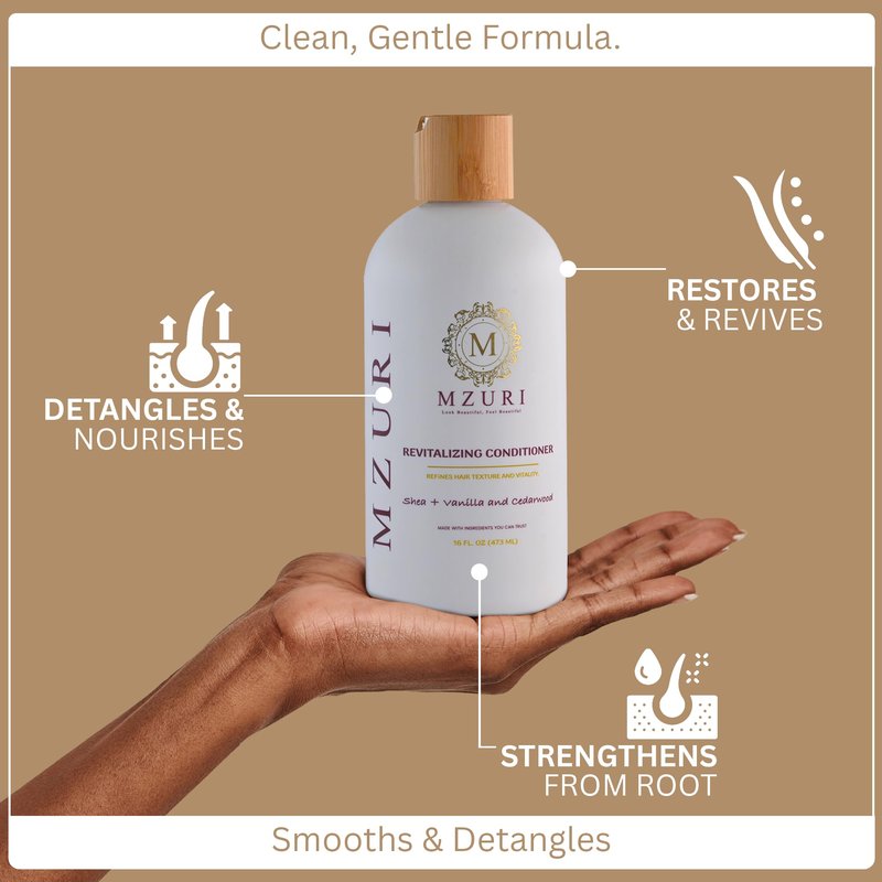 MZURI Revitalizing Conditioner with Shea Butter, Vanilla, & Cedarwood, Moisturizing, Hydrating, and Deep Conditioning Treatment for Frizzy, Dry, Hair, Restorative Leave-In Formula - 16 Fl. Oz