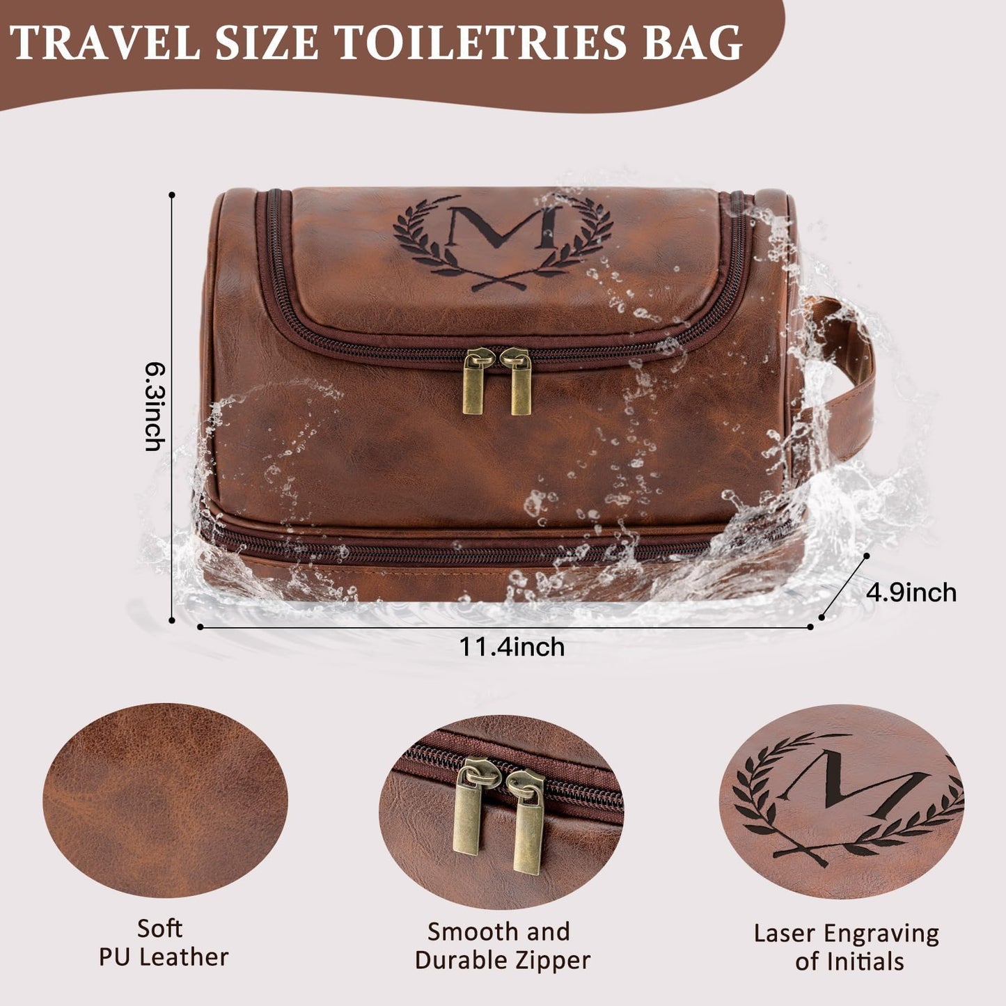 Aganmi Travel Essentials Accessories Initial Letter Hanging Toiletry Bag for Men, Personalized PU Leather Waterproof Travel Size Toiletries Storage Organizer Shaving Bag for Men, Reddish Brown R