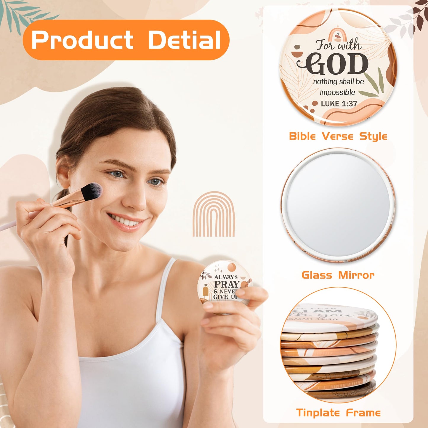 Y1tvei Bible Verse Compact Mirrors - 72Pcs Boho Christian Gifts Bulk Bible Verse Mini Compact Mirrors Inspirational Small Portable Round Pocket Makeup Mirror for Purse Church Party Favors for Women