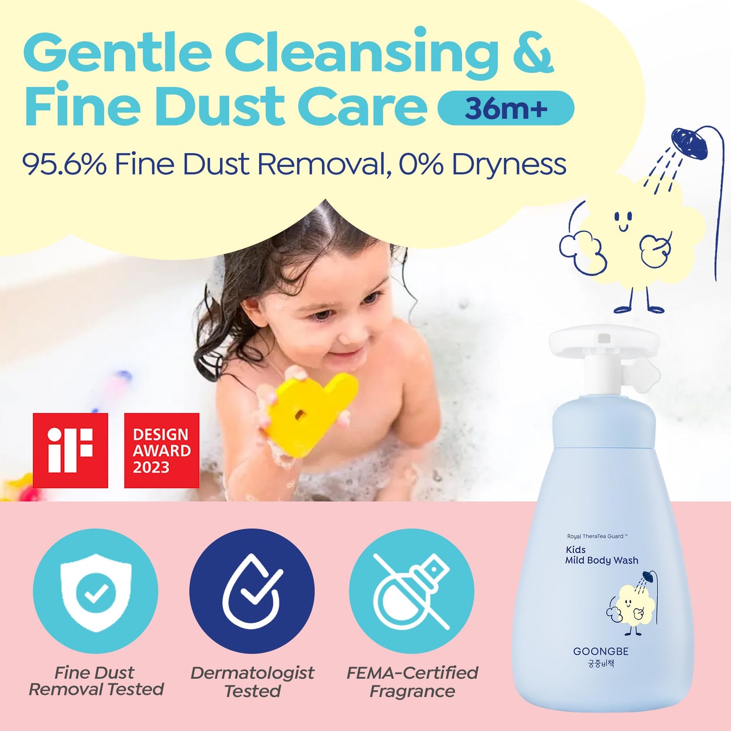 GOONGBE Kids Body Wash – Tear-Free Tested Gentle Pump Foam for Sensitive Skin – Low pH Hydrating Cleanser with Ceramide, Panthenol & Amino Acids – Allergen-Free Scent – Korean K-Beauty, 10.1 fl oz