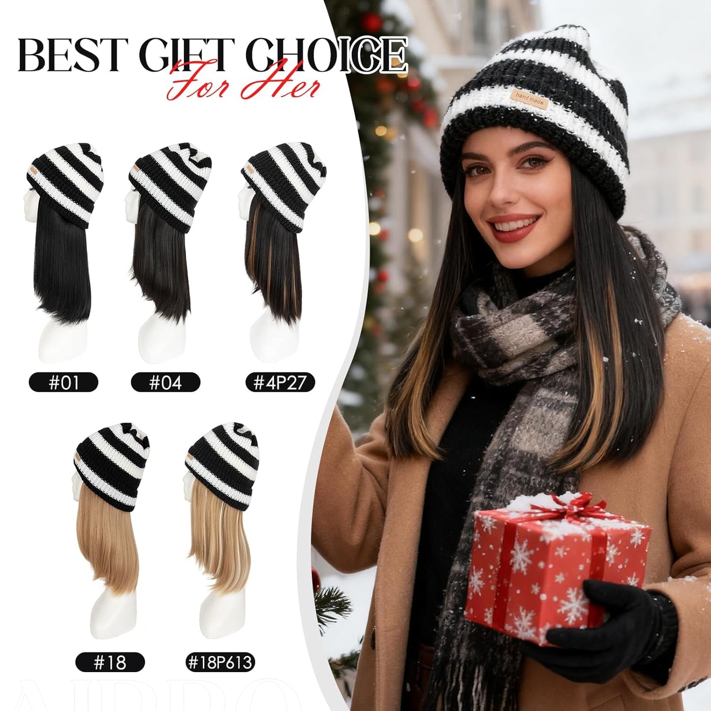 Beanie Wig Hat with Hair for Women - Warm Synthetic Knitted Pom Pom Slouchy Cable Knit | Medium Brown 11” 200g
