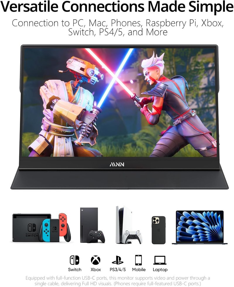 MNN Portable 15.6" FHD 1080P USB-C Gaming Monitor - Ultra-Slim IPS Display with Smart Cover & Speakers