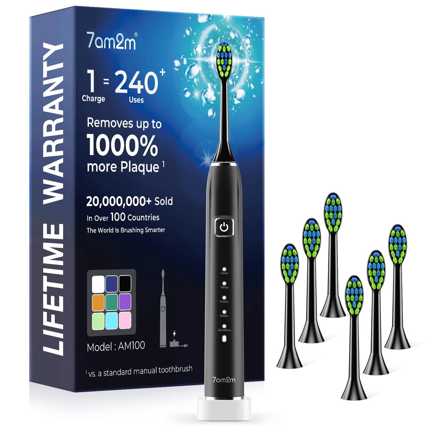 7AM2M Sonic Electric Toothbrush with 6 Brush Heads for Adults&Kids, One Charge for 120 Days, Wireless Fast Charge, 5 Modes, 40000VPM Powered Toothbrush, 2 Minutes Built in Smart Timer (Black)