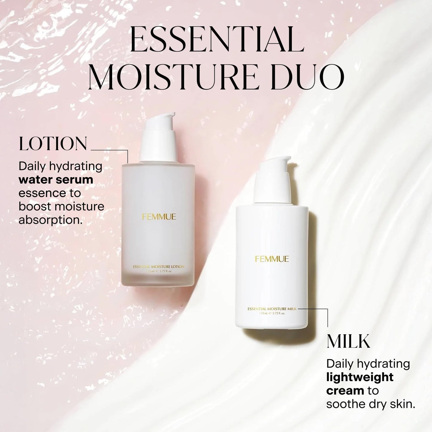 FEMMUE Essential Moisture Daily Hydrating Water Serum Essence (3.72 oz) | Lotion Essence Skin Moisturizer | With Rose Water | Korean Skin Care