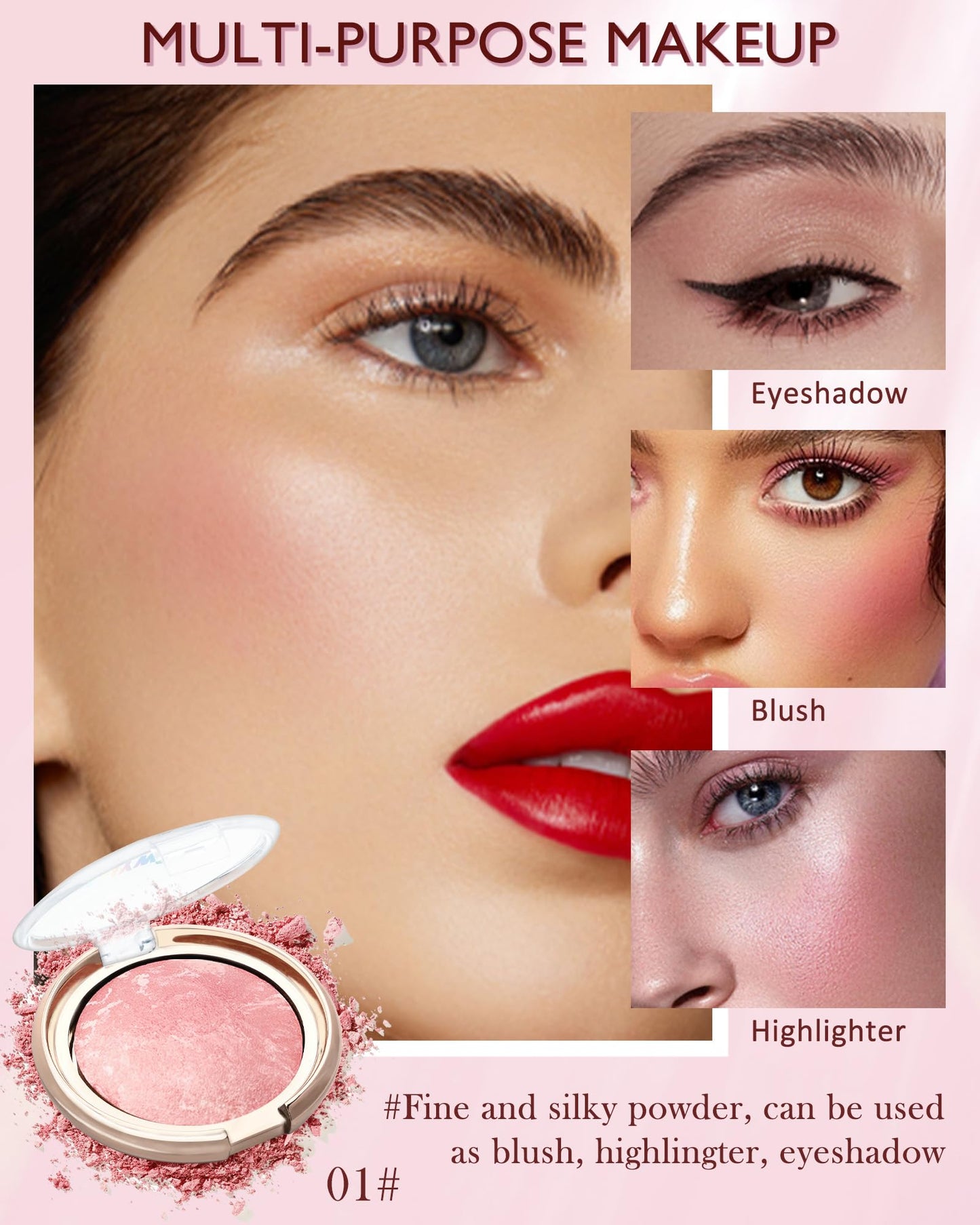 Baked Blush,Peachy Pink Glow Marbleized Blush Powder Palette,Shimmer Powder Blusher Eyeshadow & Highlight for a Lightweight Shimmery Satin Face Makeup, Women's Mother's Day Makeup Gift for Women-01#