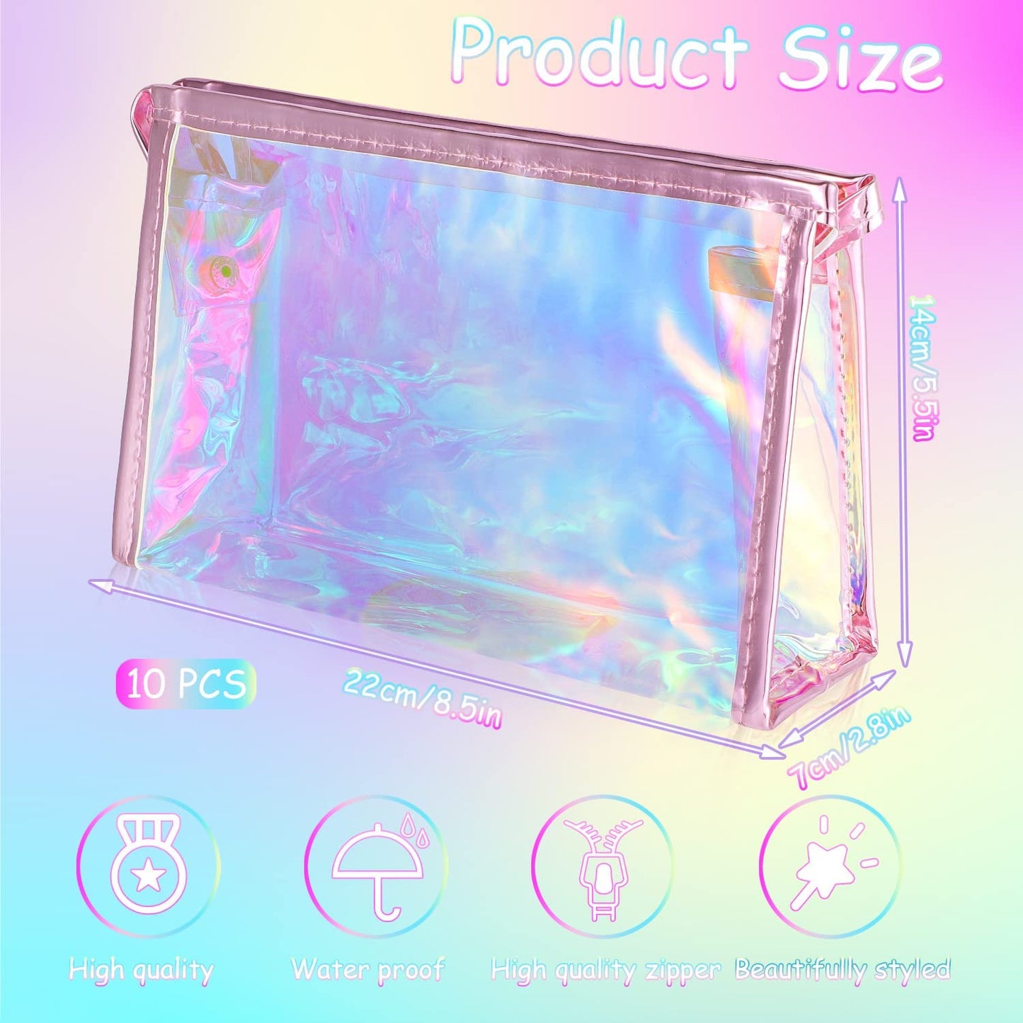 BESARME 10 Pcs Holographic Makeup Bags, Clear PVC Travel Toiletry Bag Iridescent Pouch Portable Zippered Waterproof Cosmetic Bag SPA Bathroom Vacation Party Favors Bachelorette Gifts Wedding Favors
