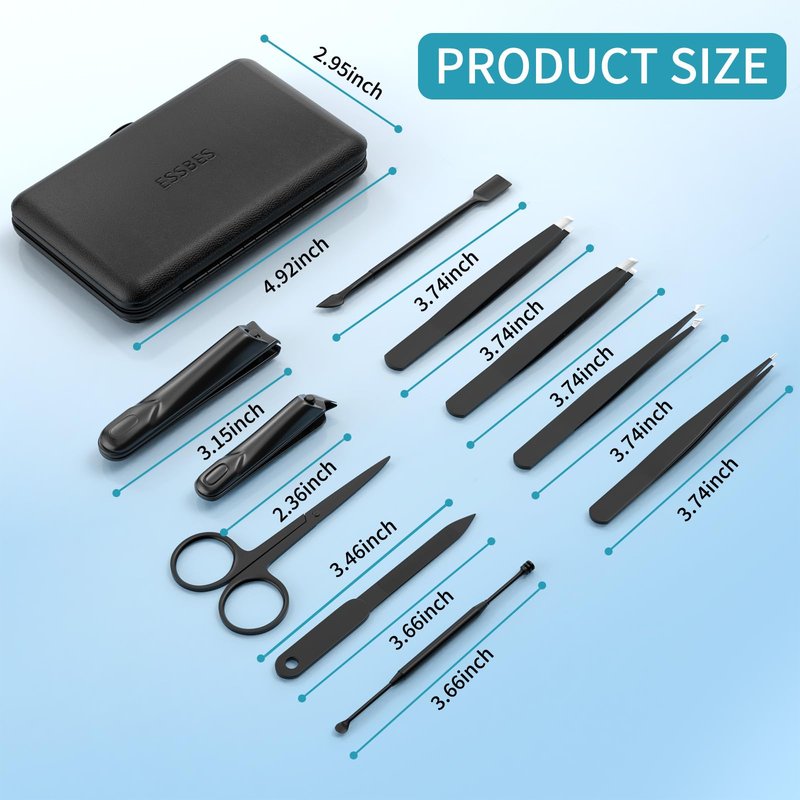 ESSBES Manicure Set 10 in 1 Stainless Steel Nail Clippers Scissors Tweezers Grooming Kit with Travel Case (Black)