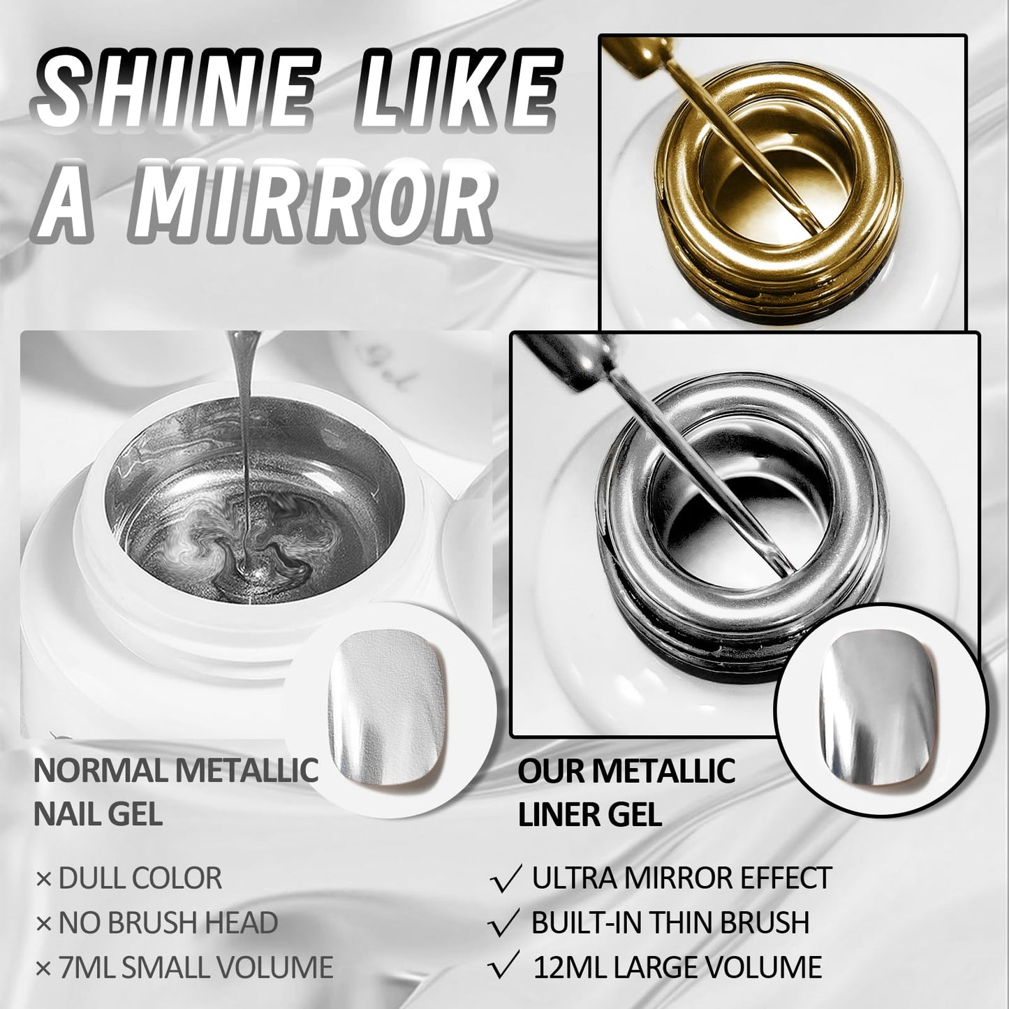 U-Shinein 2x12ml Metallic Mirror Nail Polish, Ultra Mirror Silver & Gold Metal Painted Drawing with Thin Brush, Chrome Gel Polish Nail Art Gel Liner Soak Off DIY