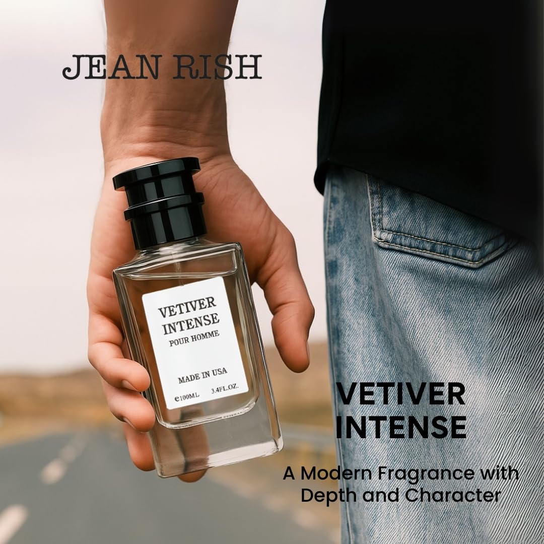 Jean Rish Vetiver Intense Perfume for Men Eau De Parfum, Long-Lasting Luxury Fragrance, Made In USA - Lemon, Mint, Bergamot, Ginger, Sandalwood Scent - 100ml / 3.4 oz