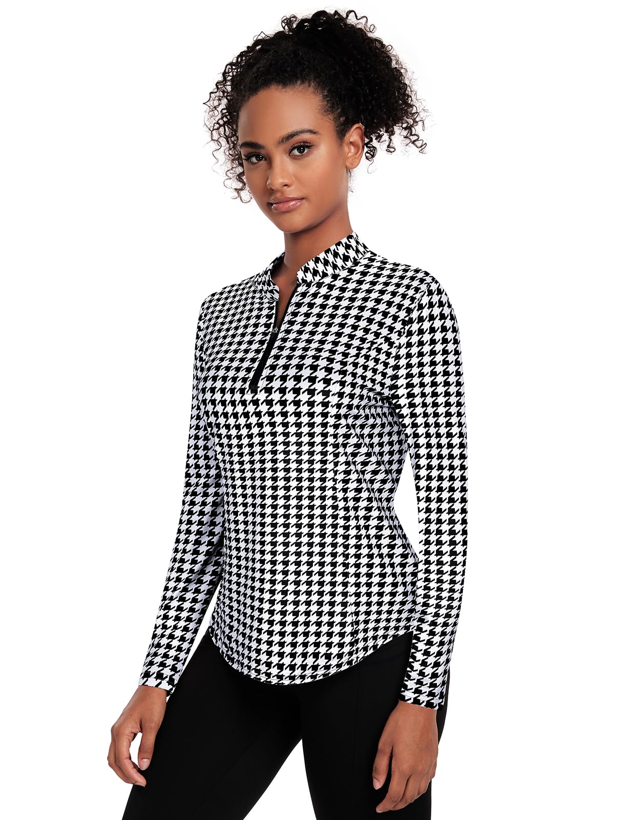 Misyula Quarter Zip Long Sleeve Athletic Shirts for Women Moisture Wicking Golf Tennis Yoga Hiking Running Workout Tops Black-Houndstooth L