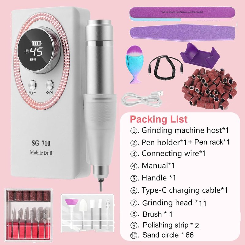 Electric Nail Drill Machine - 45000RPM Rechargeable Portable Kit with Smart LCD Screen | Gel Nail Manicure & Pedicure (White)