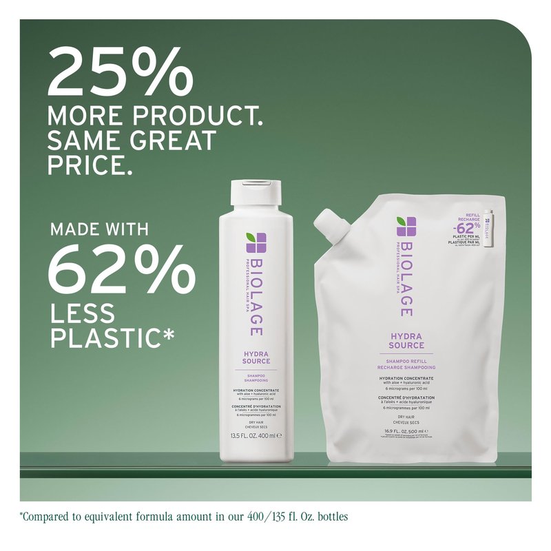 Biolage Hydra Source Shampoo Refill - For Dry Hair, Gently Cleanses, Restores Moisture Balance, Adds Shine & Softness, Infused with Micro-Filtered Aloe Vera & Fermented Hyaluronic Acid, Vegan