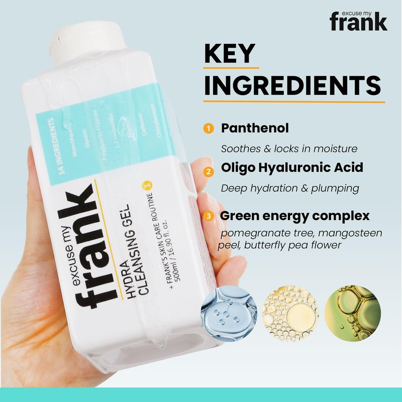 Excuse My Frank Hydra Cleansing Gel – Hydrating Facial Cleanser for Men & Women, Korean Skincare, Daily Face Wash for Sensitive Skin, Vegan & Cruelty-Free (2 Pack)
