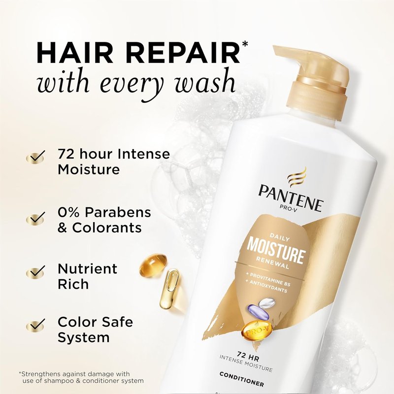 Pantene Daily Moisture Renewal Conditioner - Pro-V Hydration for Dry, Color-Treated Hair | 25.1 Oz Each, 2-Pack + Miracle Rescue Shot (0.5 Oz)