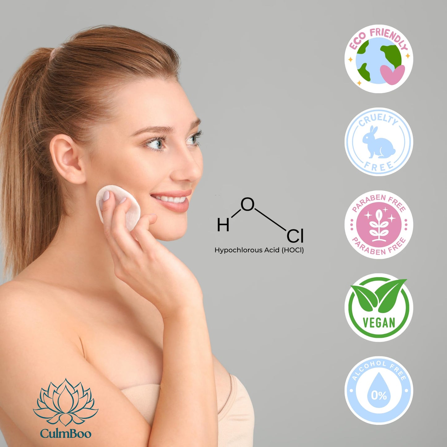 CulmBoo, Hypochlorous Acid Spray for Face & Skin - HOCl, Acne Prone Skin, Eczema, Natural Tattoo Aftercare, Piercing Aftercare Spray, Eye Lash Cleanser, Face Mist Toner, Wound Care Cleanser, 16 Fl Oz