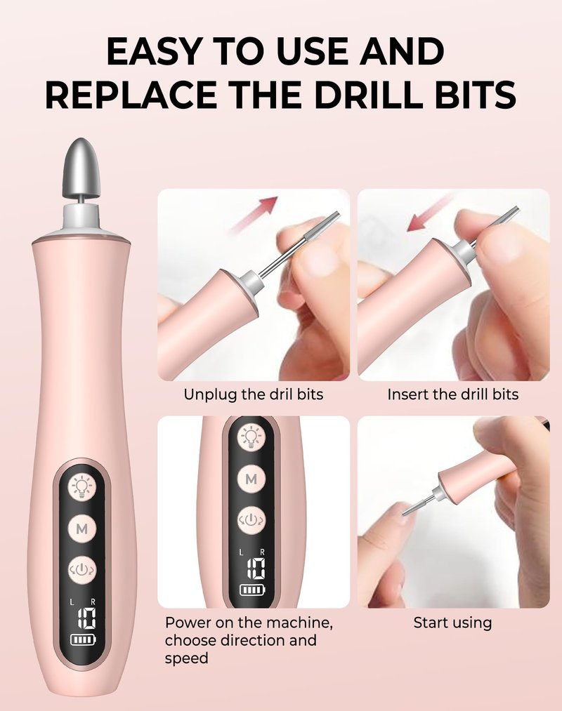 Cordless Nail Drill Electric Nail File, 10-in-1 Manicure Pedicure Kit Nail Grinder Set, 14000 RPM Rechargeable Acrylic Nail Tool, 10 Speeds LED Light LCD Display for Human, Toenails, Home(Pink)